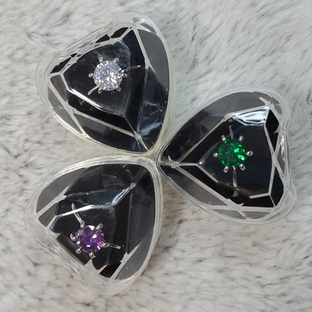 3/Glass Stone 6-Prong Silver Rings|Clear-Green-Purple|Single Cut Glass-Sz 9.5
